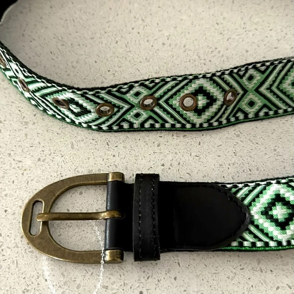 NWOT Free People Moving to Mars Belt Cotton S/M Green Black Leather Cotton Retro
